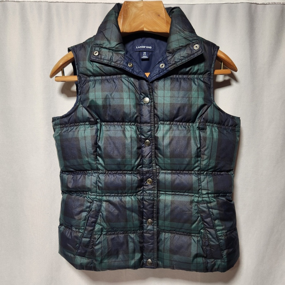 LANDS' END Navy Blue Green Tartan Plaid Down Puffer Vest Insulated Snap XS (2-4)